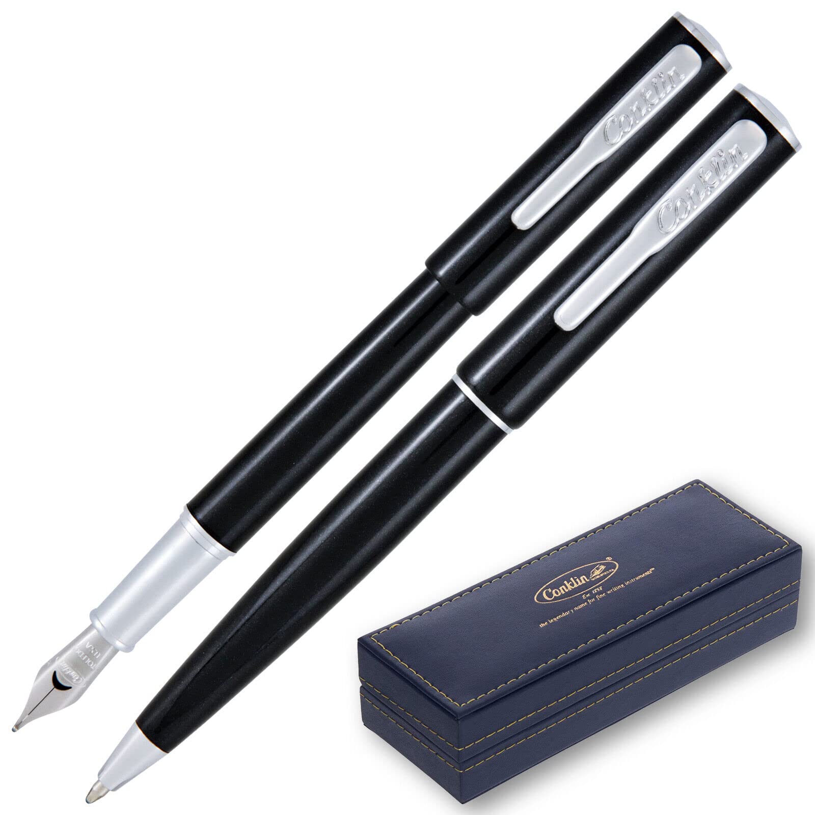Conklin Coronet Ballpoint & Fountain Pen Set - Black Medium Tip for Professional Writing, Gifts & Office Use