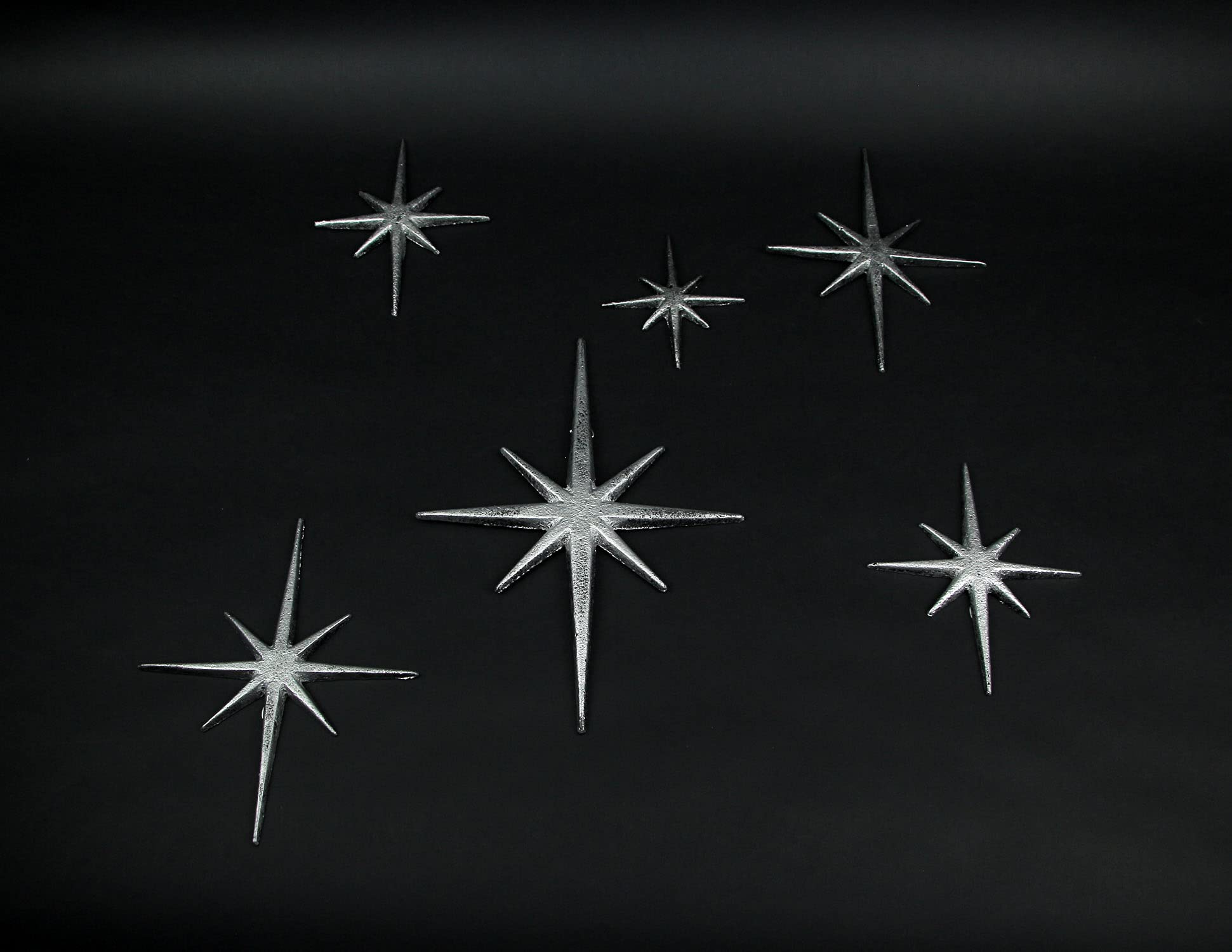 6-Piece Metallic Silver Cast Iron Starburst Wall Decor Set - Mid Century Modern 8-Pointed Star Wall Hangings for MCM Home Decor | Indoor & Outdoor Wall Art for Living Room, Bedroom, Patio & Garden