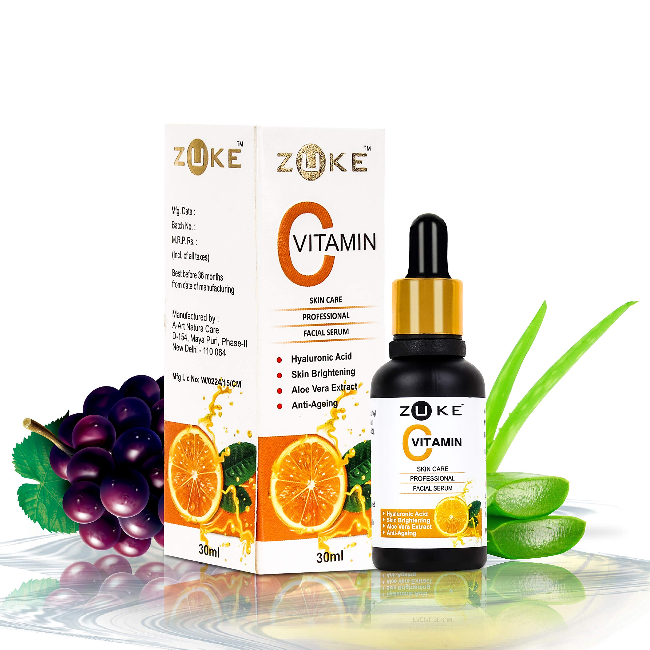 ZUKE Vitamin C Face Serum for Skin Brightening, Anti-Aging & Pigmentation - 30ml with Hyaluronic Acid & Aloe Vera Extract | Brighten Dull Skin, Reduce Wrinkles & Dark Spots | Perfect for Daily Skincare Routine & Nighttime Use