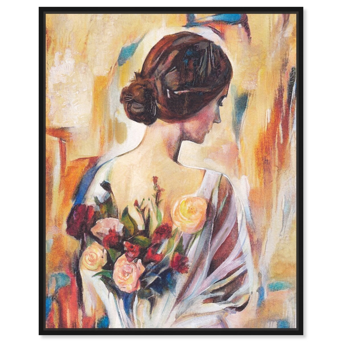 Modern White Framed Canvas Wall Art Print - Floral Back and Flowers Design for Women, Elegant Home Decor for Bedroom, Living Room & Office
