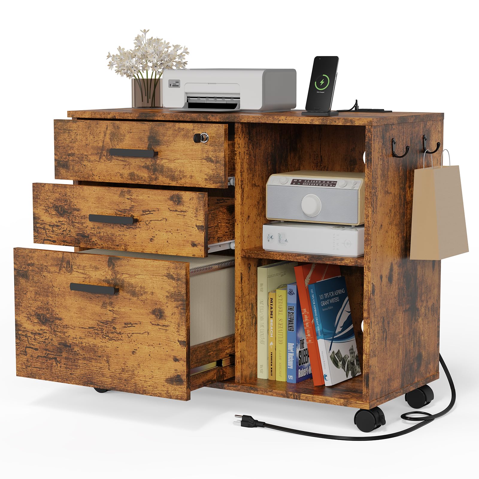 3-Drawer Wood File Cabinet with USB Charging Port & Lock - Home Office Storage Organizer with Open Shelves, Mobile Printer Cabinet - Perfect for Living Room, Study & Workspace Organization