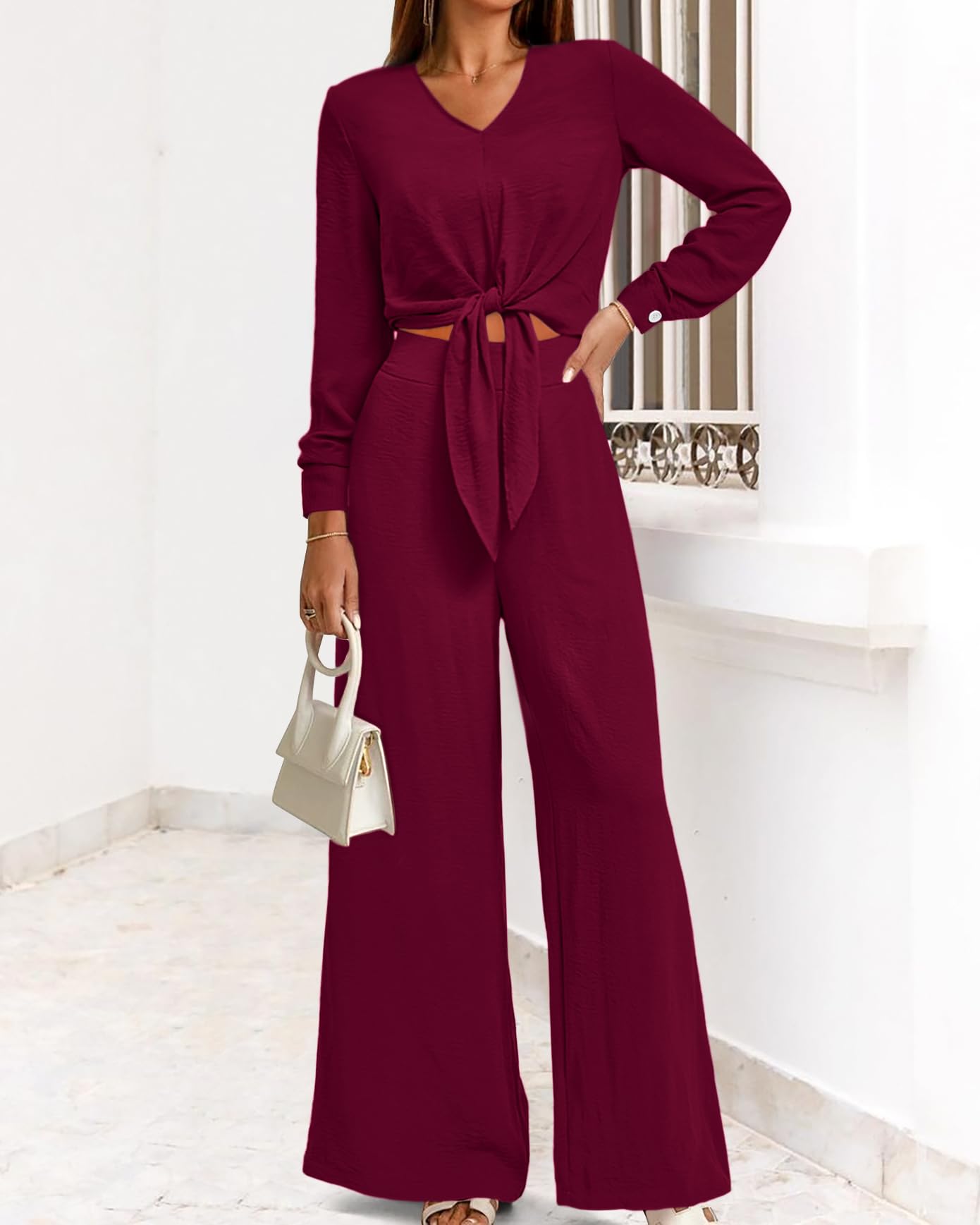 PRETTYGARDEN Women's 2 Piece Outfits 2025 Spring Casual V Neck Long Sleeve Strappy Crop Top with Wide Leg Palazzo Pants Set | Trendy Matching Outfit for Brunch, Shopping & Vacation