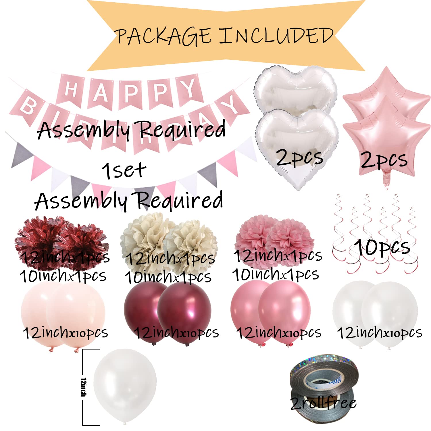 Elegant Pink Birthday Decorations for Women - Happy Birthday Party Balloons, Banner & Burgundy White Pink Pom Poms Set (Pink Silver Burgundy) - Perfect for Birthday Parties, Baby Showers & Bridal Showers