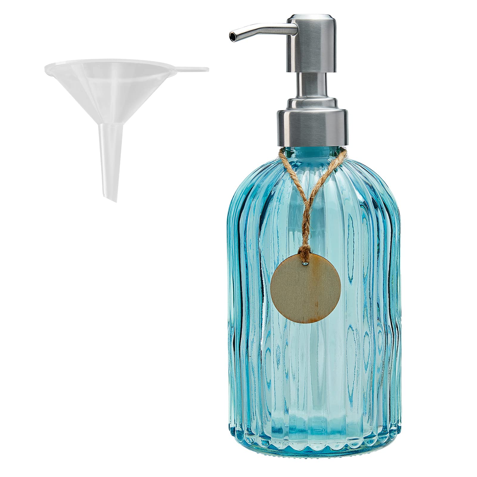 Premium 16 Oz Glass Soap Dispenser with 304 Stainless Steel Pump - Rustproof Refillable Liquid Soap Dispenser for Bathroom, Kitchen Sink & Countertop - Includes Free Funnel (Blue) - Elegant Hand Soap Dispenser for Home, Office & Restaurant Use