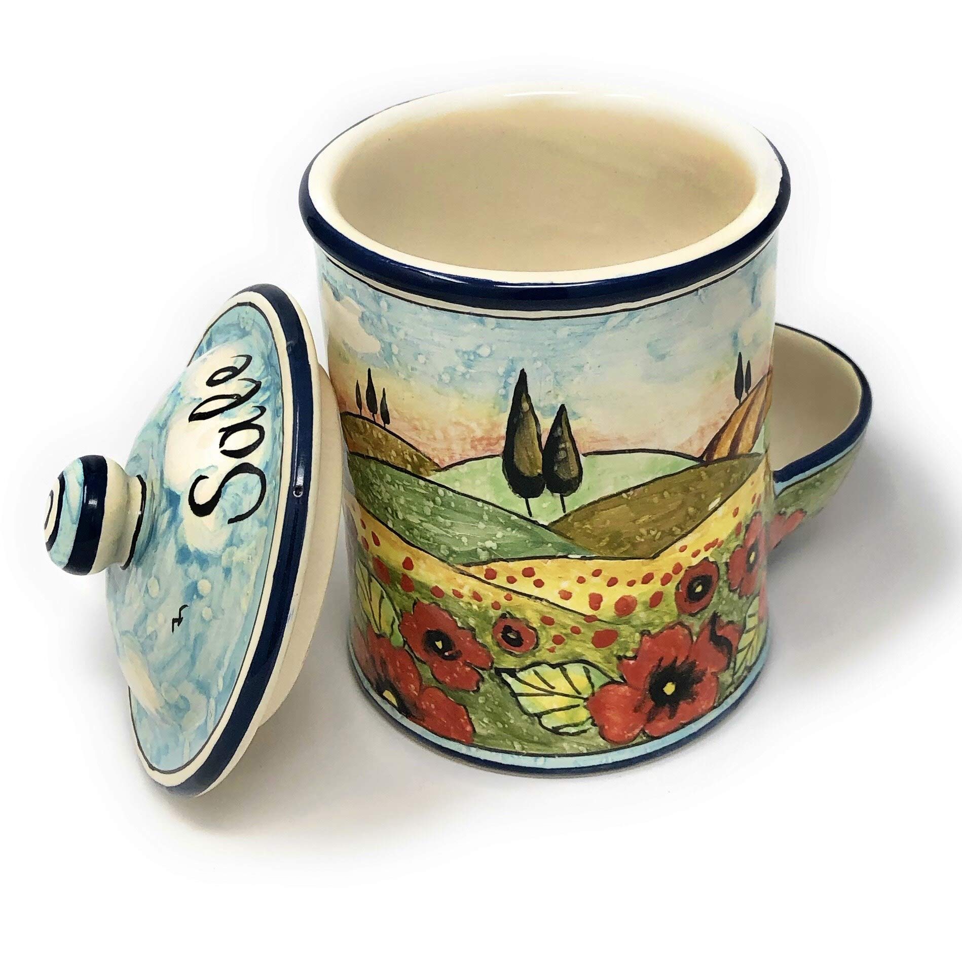Hand-Painted Italian Ceramic Jar - Tuscan Art Pottery with Poppy Flowers, Salt or Spice Container, Home Decor - Perfect for Kitchen, Dining Table & Countryside Themed Interiors