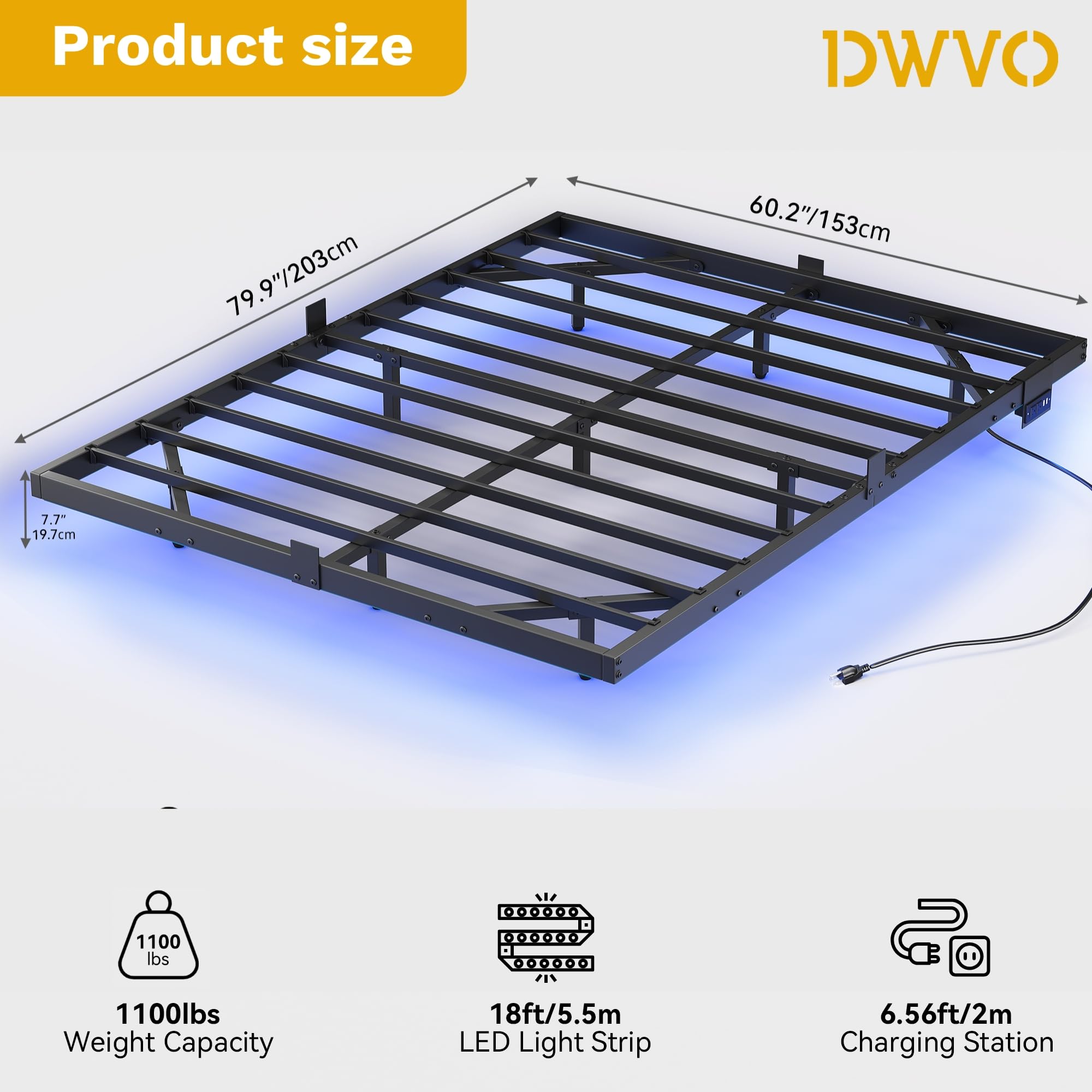 DWVO Queen Size Floating LED Bed Frame with USB Port - Heavy Duty Metal Platform Bed with Steel Slats, No Box Spring Needed - Easy Assembly, Black - Perfect for Modern Bedrooms & Smart Home Setup