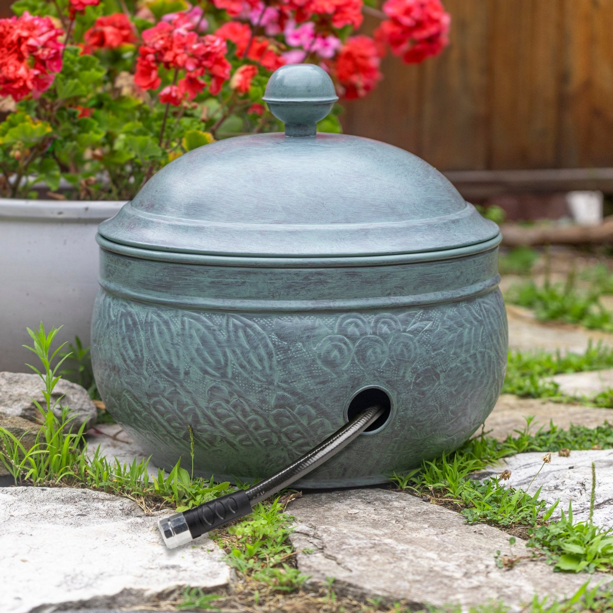 Key West Hose Pot with Lid - Durable Outdoor Garden Hose Storage Container for Yard, Patio, and Poolside Use