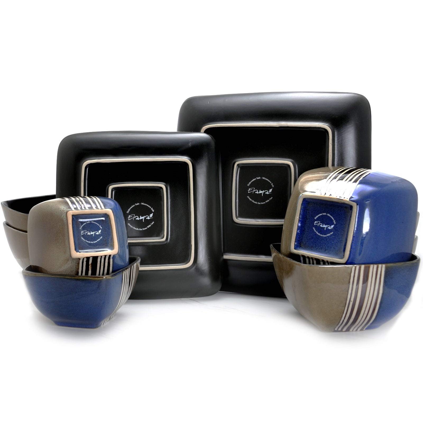 16-Piece Square Dinnerware Set - Blue Stripe Stoneware Plates & Bowls, Microwave & Dishwasher Safe for Casual Dining, Family Gatherings & Everyday Use