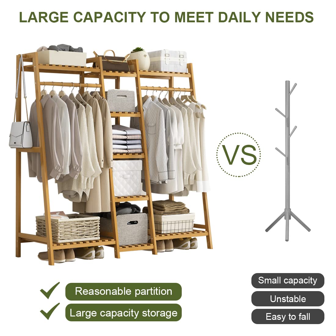 Portable Bamboo Clothes Rack with 2 Shelves, Multifunctional Floor Standing Garment Rack, Easy to Assemble (130x40x140cm) - Perfect for Bedroom, Closet Organization & Small Space Storage