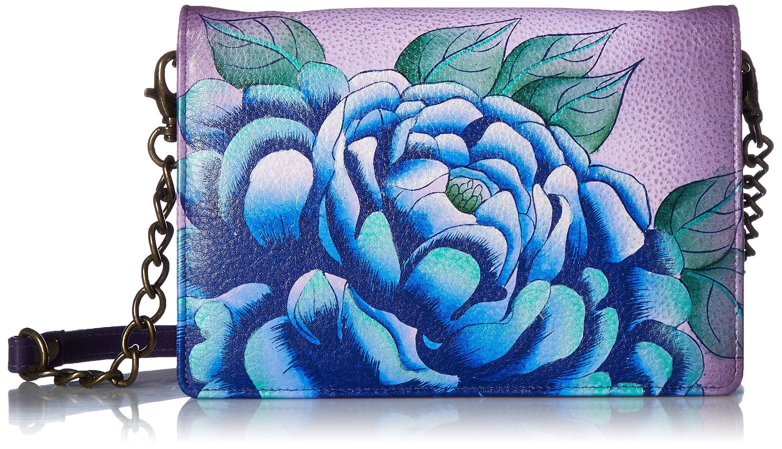 Anuschka Hand-Painted Genuine Leather Women's Wallet - Flap Organizer with Peony & Eggplant Design - Perfect for Everyday Use, Travel & Gift Giving