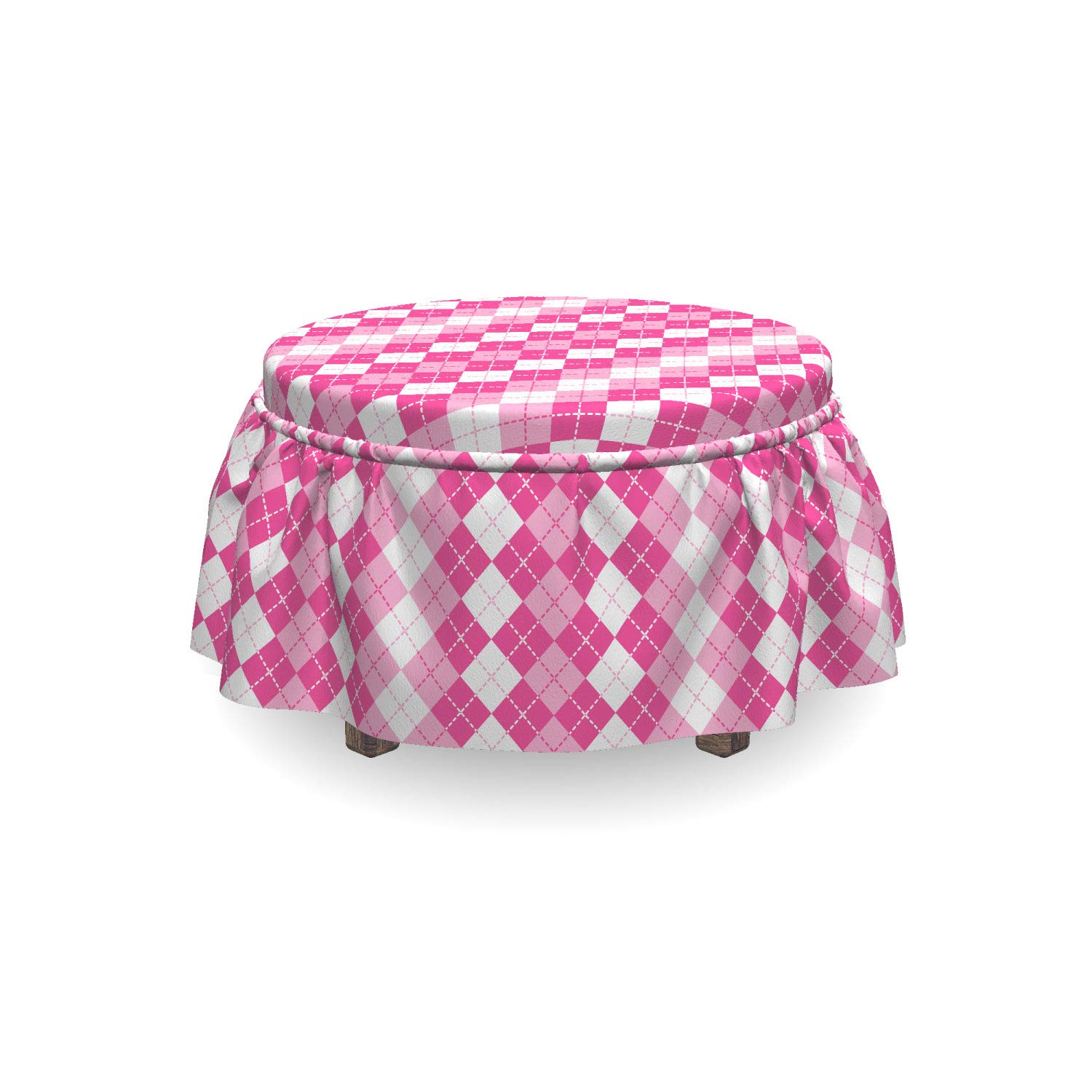 Ambesonne Pink and White Ottoman Cover Set - 2 Piece Traditional Argyle Slipcover with Ruffle Skirt for Square/Round Footstools - Standard Size Pale Pink & White Home Decor - Perfect for Living Room, Bedroom or Nursery Accent