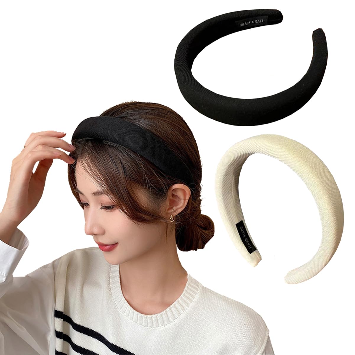 SciCent Women's Stretchy Padded Headbands 2-Pack - Soft Sponge Wide Plain Headbands for Women & Girls (Black + White) - Perfect for Workouts, Yoga, Running & Outdoor Activities