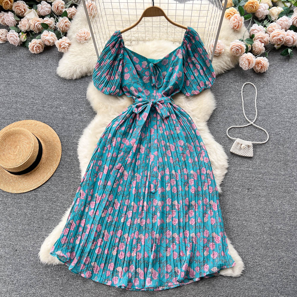 French Puff Sleeve Floral Print Chiffon Maxi Dress for Women - Elegant Summer Long Dress with Ruffle Details | Perfect for Beach Vacations, Garden Parties & Date Nights