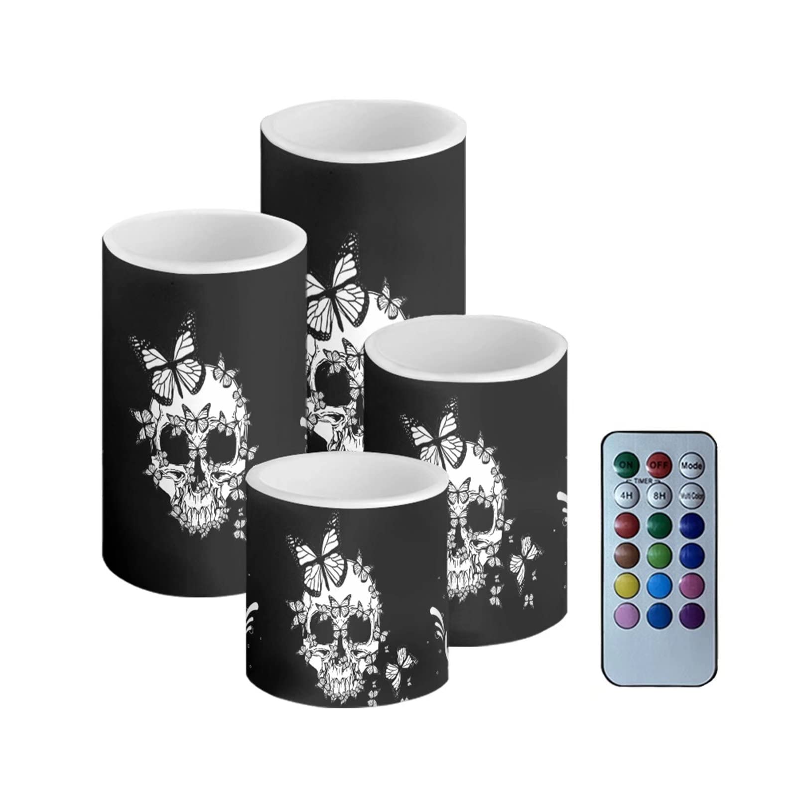 Deeprinter Gothic Skull Butterfly Print Flameless LED Candles - Remote Control Color Changing & Timer, Battery Operated (3AAA Not Included) - Perfect for Halloween Decor, Gothic Home Decor, and Romantic Ambiance Lighting