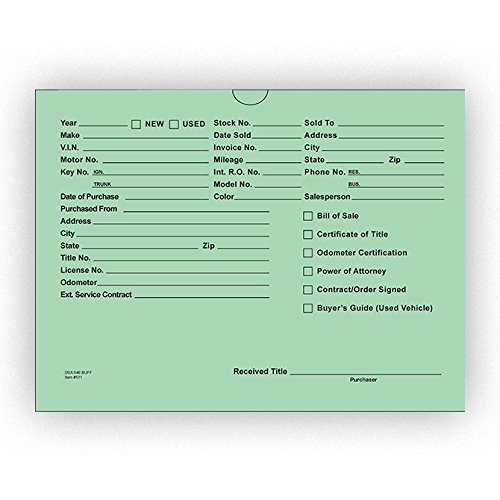 Printed Green Vehicle Deal Envelopes (Deal Jackets) - Car Sales Document Organizer for Auto Dealerships & Finance Offices