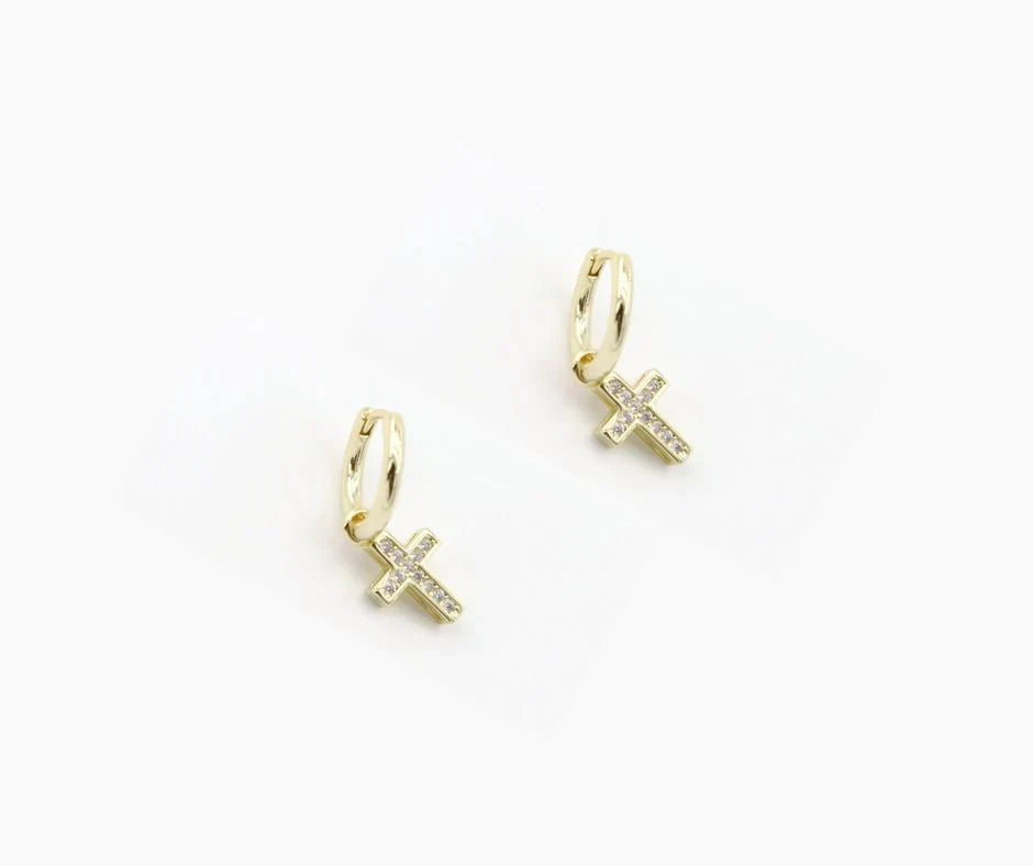 PREORDER: Crystal Cross Charm Huggie Earrings in Gold & Silver – Perfect for Church, Weddings & Everyday Elegance