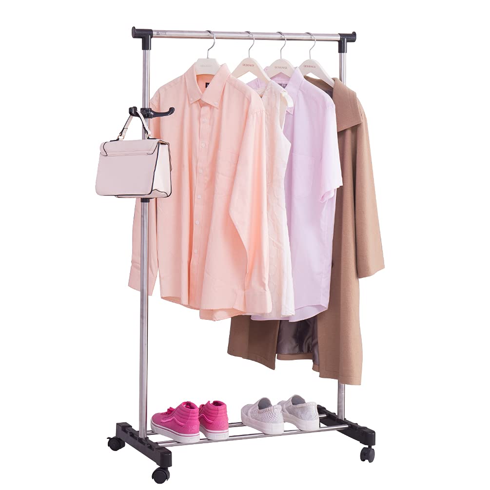 BAOYOUNI Adjustable Rolling Coat Rack with Wheels - Heavy Duty Metal Garment Rack for Clothes, Hats, Purses & Accessories - Mobile Clothing Organizer & Display Stand (Black) - Perfect for Retail Stores, Boutiques, Bedrooms & Closet Organization