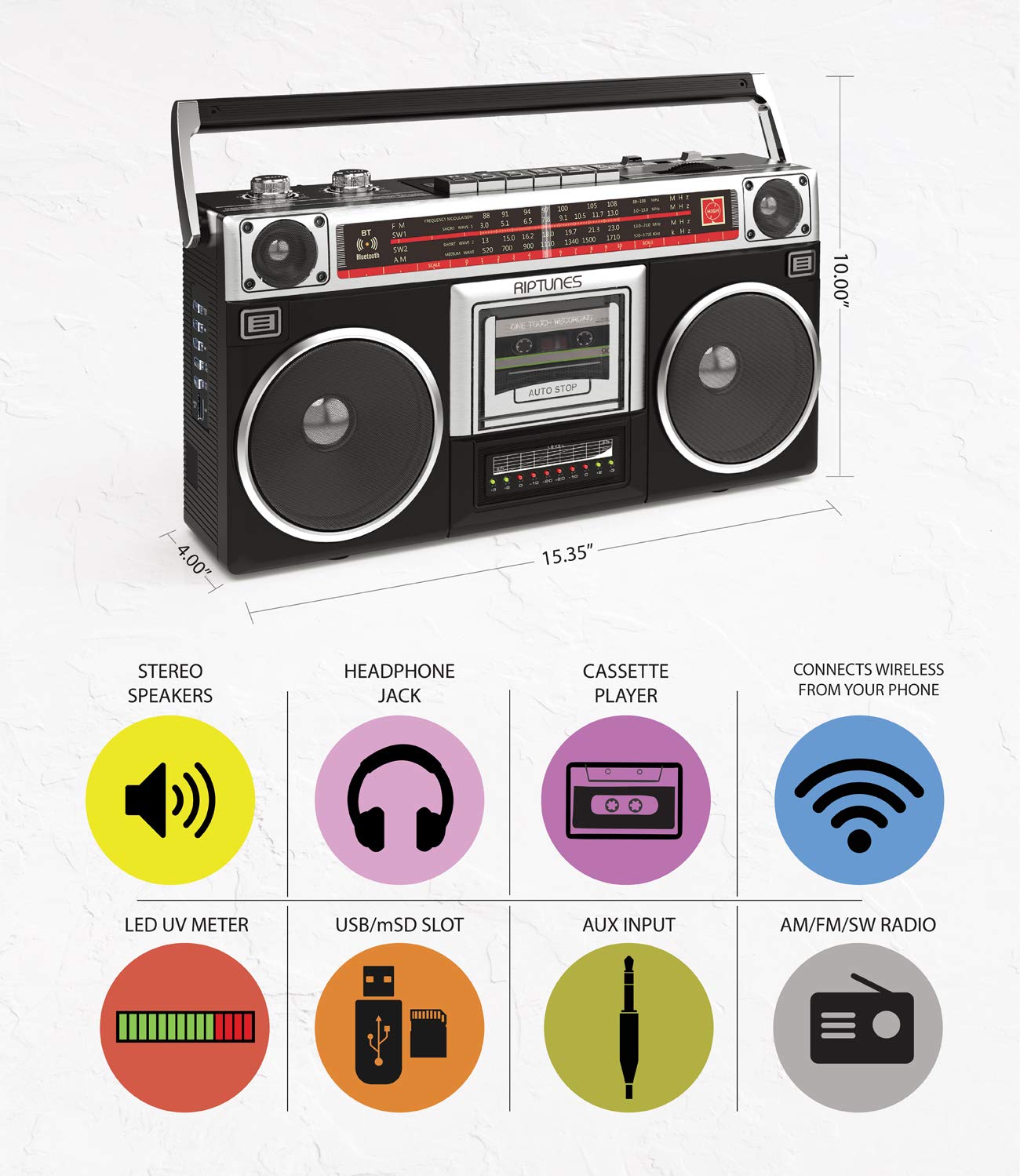 Riptunes Boombox Radio Cassette Player Recorder - AM/FM/SW1/SW2 Wireless Stereo with Bluetooth, USB/Micro SD/AUX Input, Headphone Jack - 80s Retro Style Black for Home, Office, Parties & Outdoor Activities