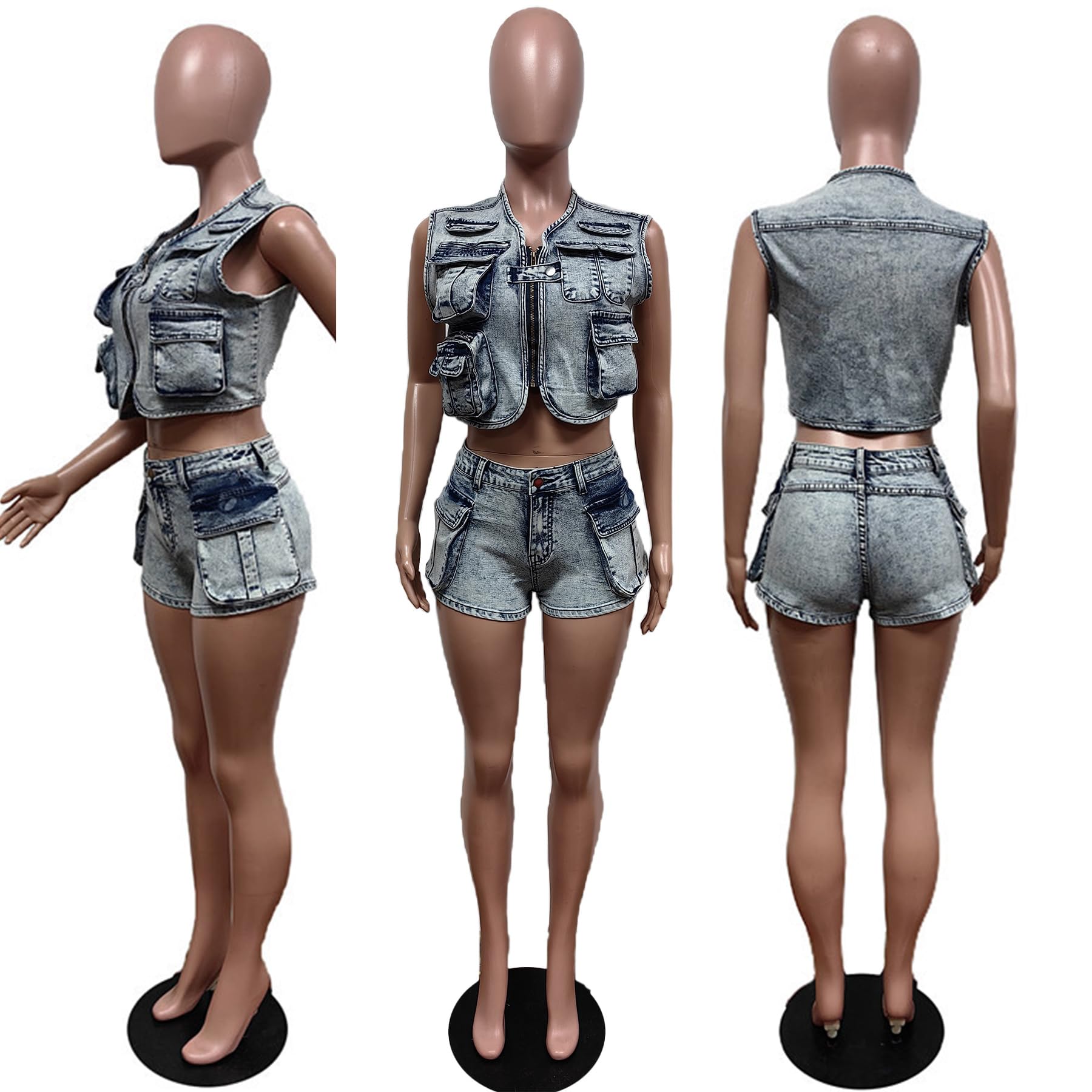 LAJIOJIO Women's 2-Piece Cargo Denim Set - Sexy Stretchy Vest & High Waisted Jean Shorts Outfit with Pockets | Casual Summer Outfit, Streetwear Fashion, Beach Party