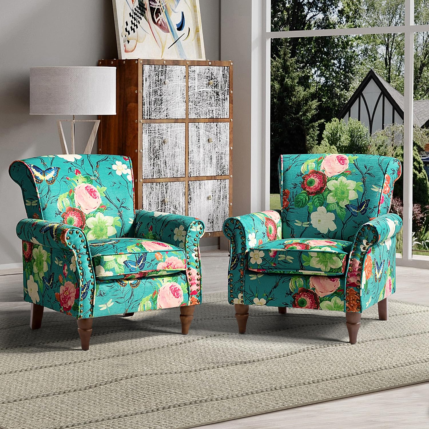 HULALA HOME Modern Wingback Accent Chairs Set of 2 with Wood Legs & Removable Cushion, Comfortable Upholstered Armchairs with Nailhead Trim, Floral Pattern Living Room Bedroom Sofa Chairs in Blue - Perfect for Lounge, Reading Nook, and Guest Seating