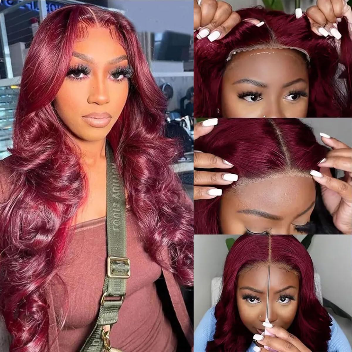 5x5 Glueless Human Hair Wigs for Women - 24 Inch Pre Plucked Body Wave 99J Burgundy Lace Closure Wig with Baby Hair (180% Density) | Wear & Go No Glue Needed | Perfect for Daily Wear, Parties, Cosplay & Protective Styling