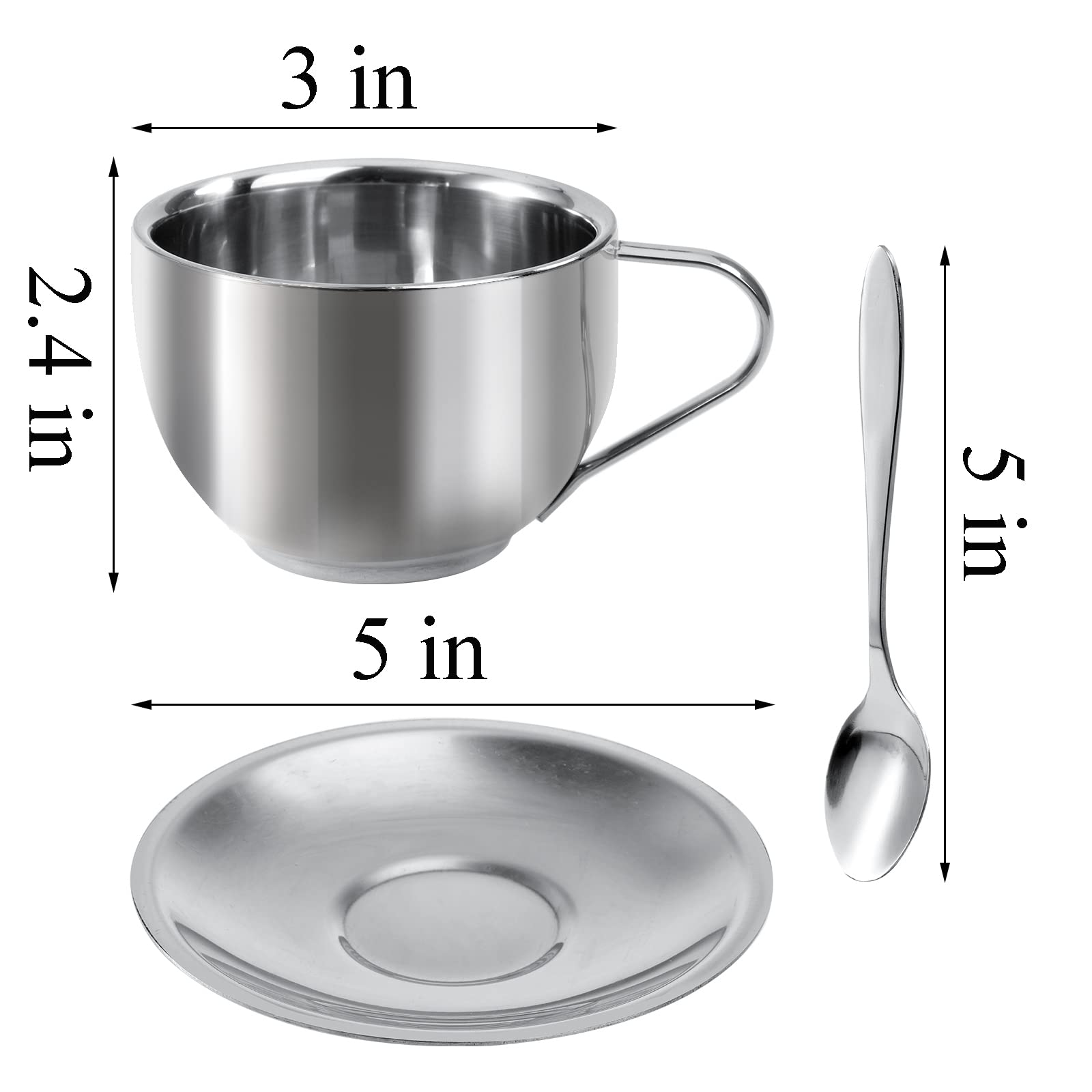 Okllen 4 Pack Stainless Steel Coffee Cup Set - 6 Oz Double Walled Espresso Mugs with Spoon & Saucer for Coffee, Latte, Tea, Milk - Perfect for Home, Office & Outdoor Use