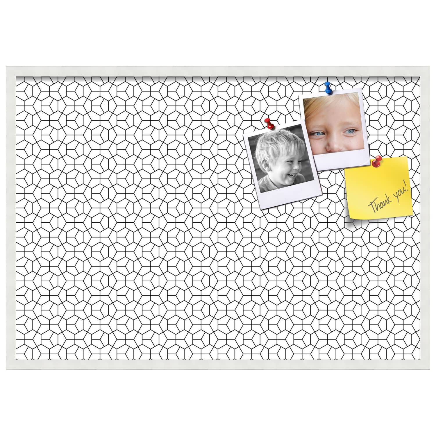PinPix 40x28 Inch Cork Bulletin Board with Hex Black Design & Satin White Frame - Decorative Wall Pin Board for Home Office Decor, School Classroom, Dorm Room Organization & Message Display (PinPix-1539)