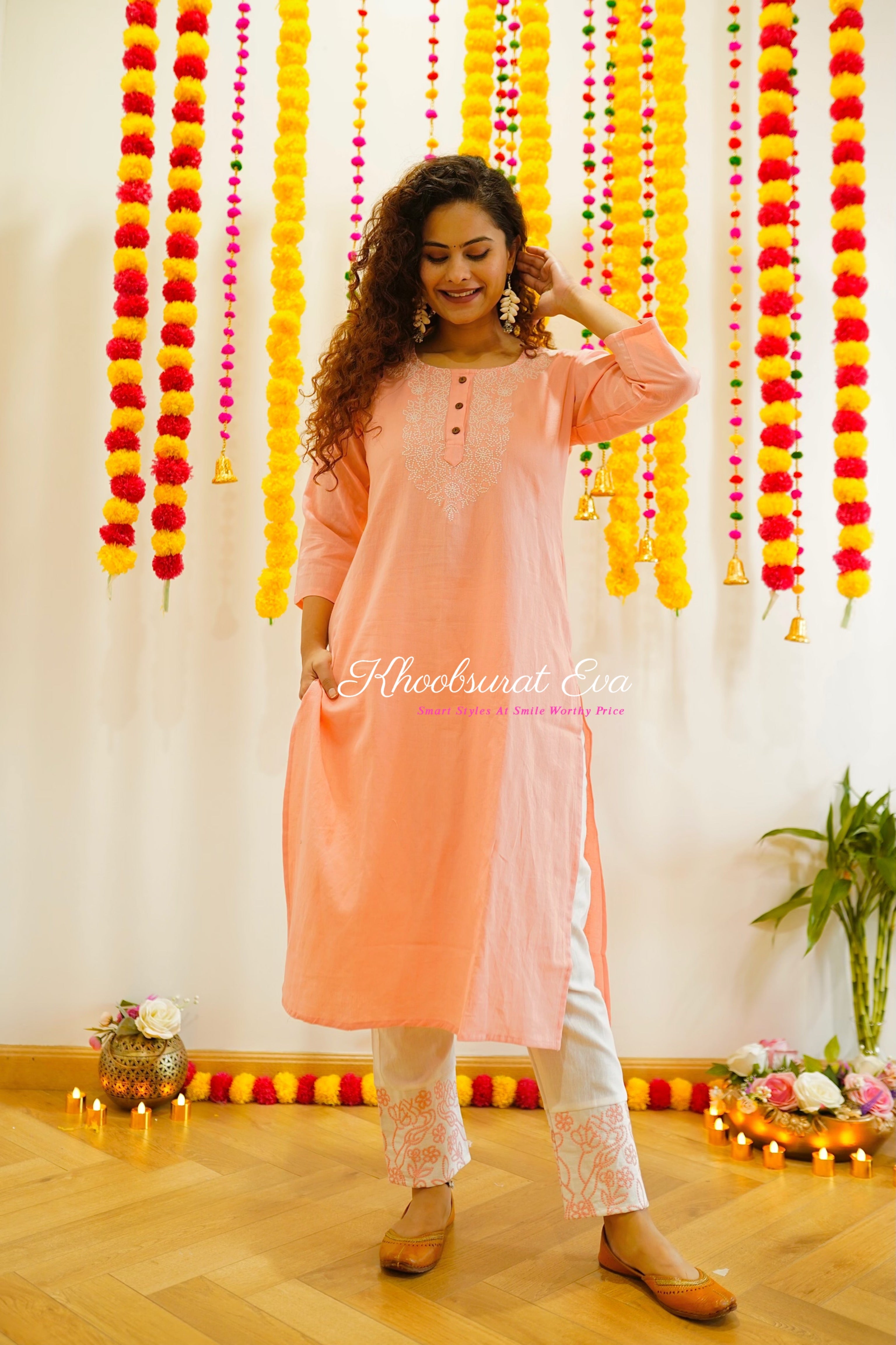 Peach and White Embroidered Kurta Set for Women | Traditional Indian Ethnic Wear | Perfect for Festivals, Weddings & Special Occasions