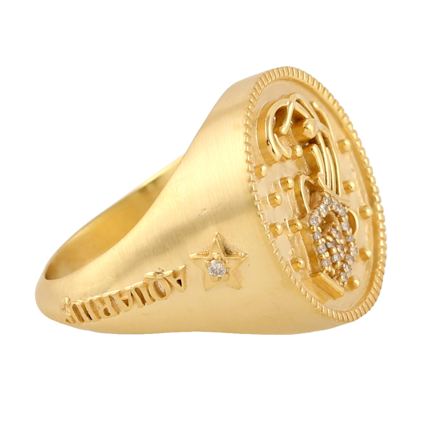 14K Yellow Gold Aquarius Zodiac Signet Ring with Diamond Accents - Perfect for Birthdays, Anniversaries & Astrology Lovers