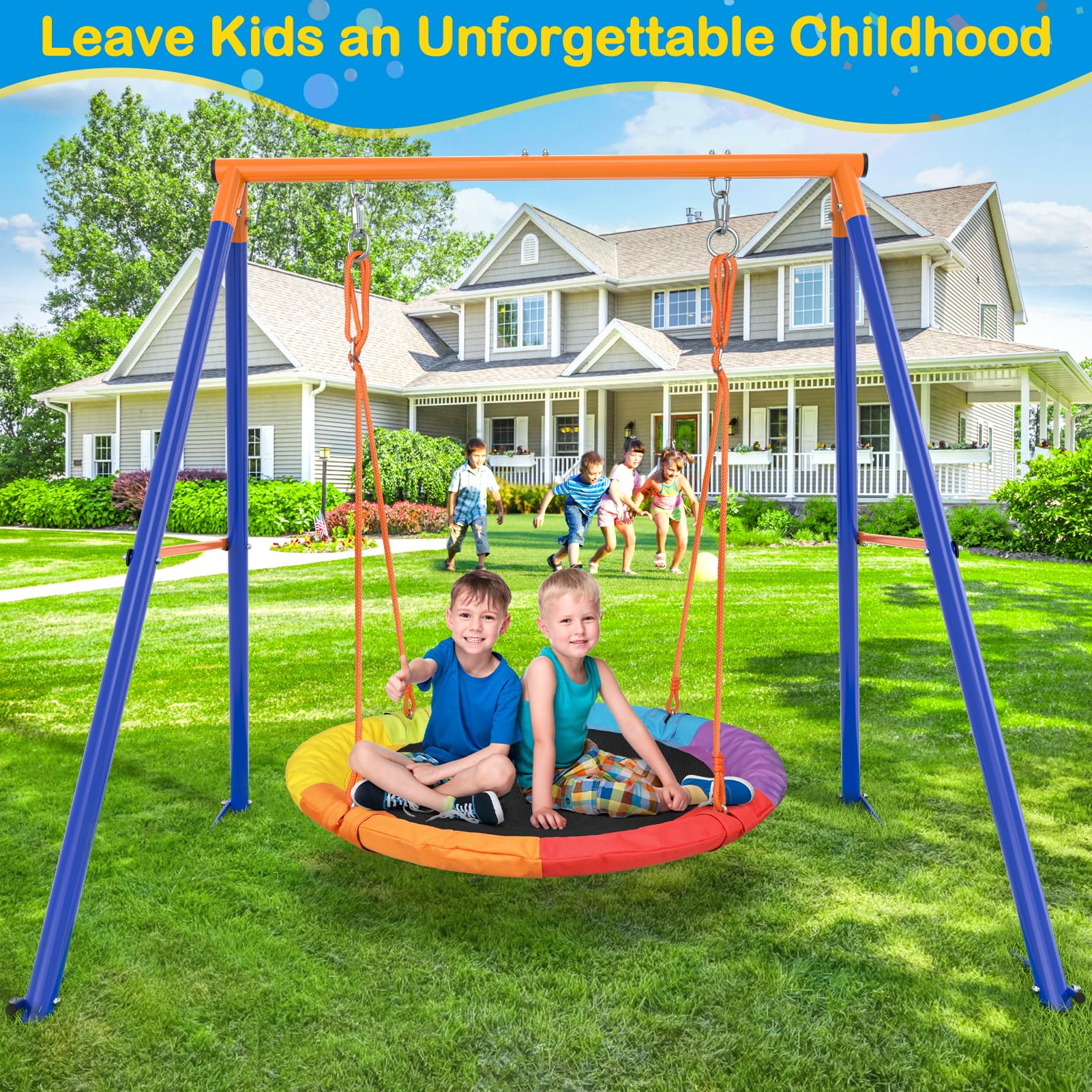 GIKPAL 440lbs Heavy-Duty Saucer Swing Set with Metal Frame & Adjustable Ropes - Outdoor Kids Swing for Backyard, Playground, Park - Waterproof Rainbow Round Swing for Toddlers & Children (Perfect for Outdoor Play, Family Fun & Backyard Activities)