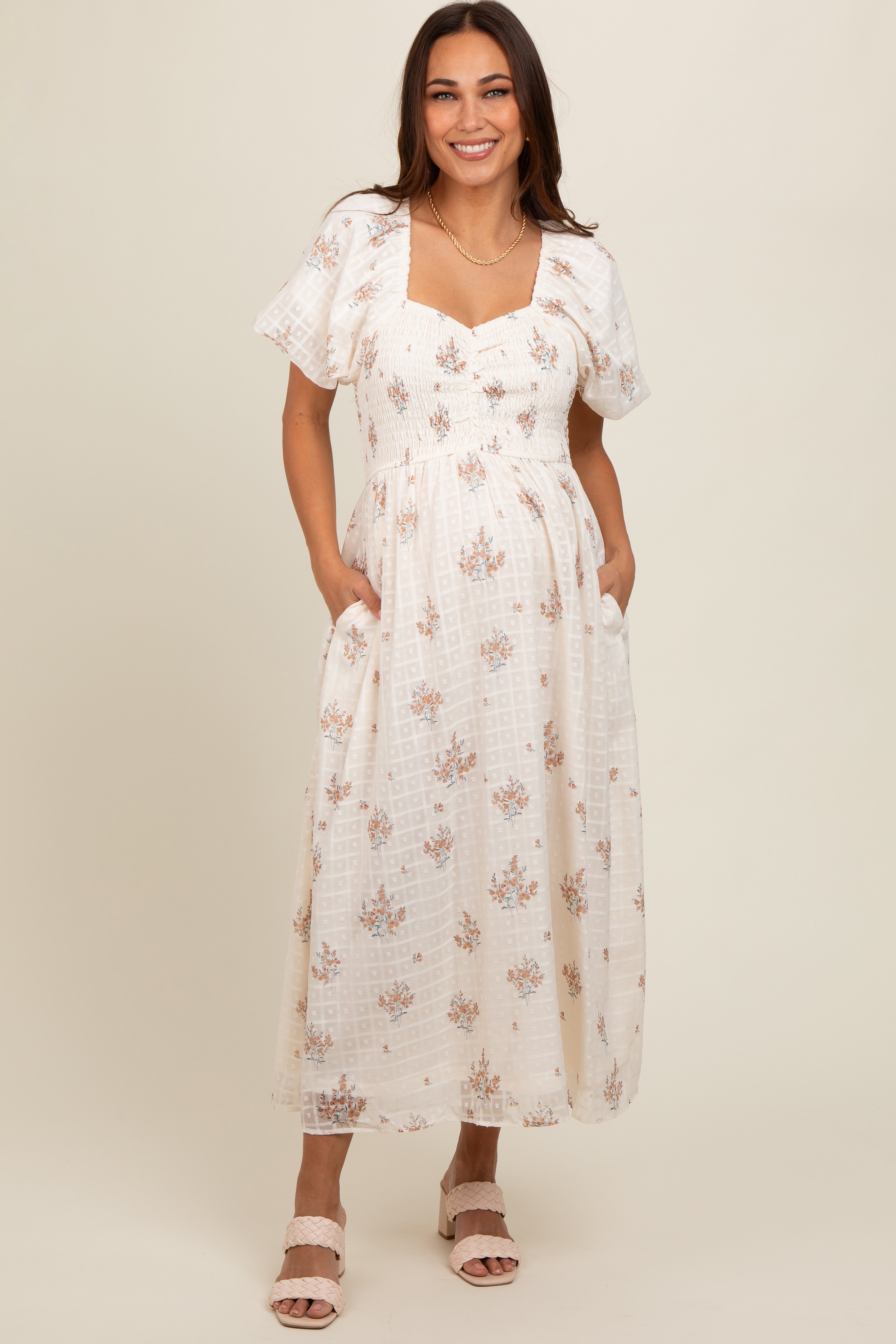 Beige Floral Textured Dot Smocked Sweetheart Neck Maternity Midi Dress for Pregnancy Photos, Baby Showers & Special Occasions