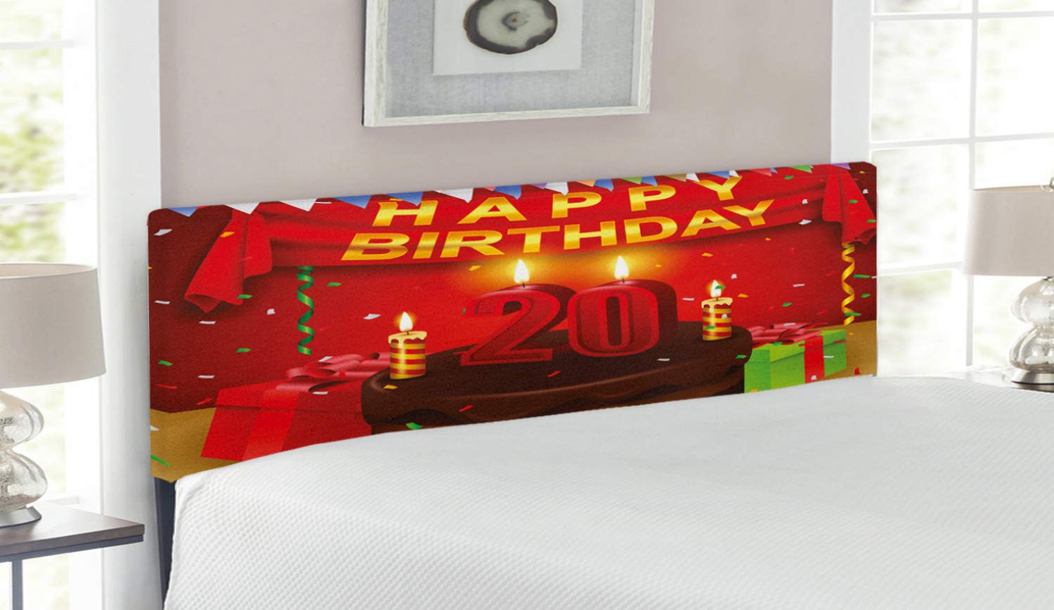 Ambesonne 20th Birthday Headboard - Red Party Decor with Memory Foam | Queen Size Upholstered Metal Bed Frame for Birthday Celebrations & Bedroom Decor