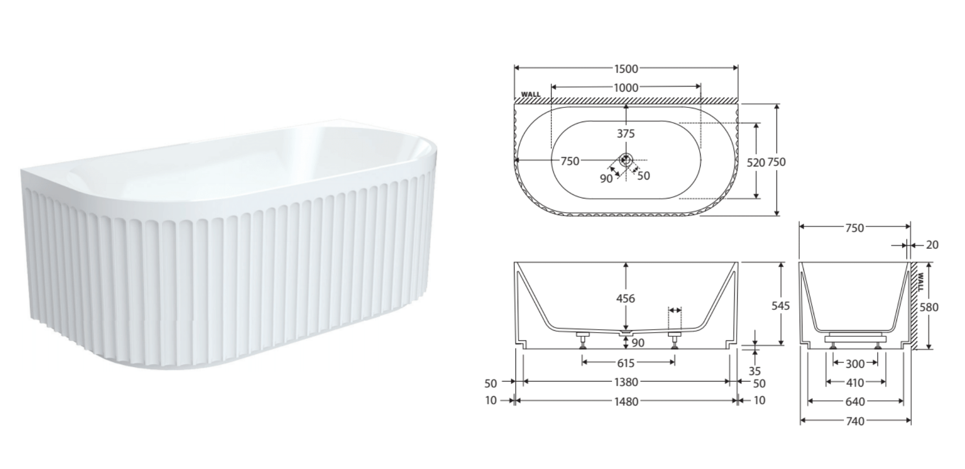 Fienza Eleanor Fluted Back Acrylic Wall-Mounted Bath 1500mm - Gloss White | Modern Freestanding Bathtub for Luxury Bathroom & Spa Retreat