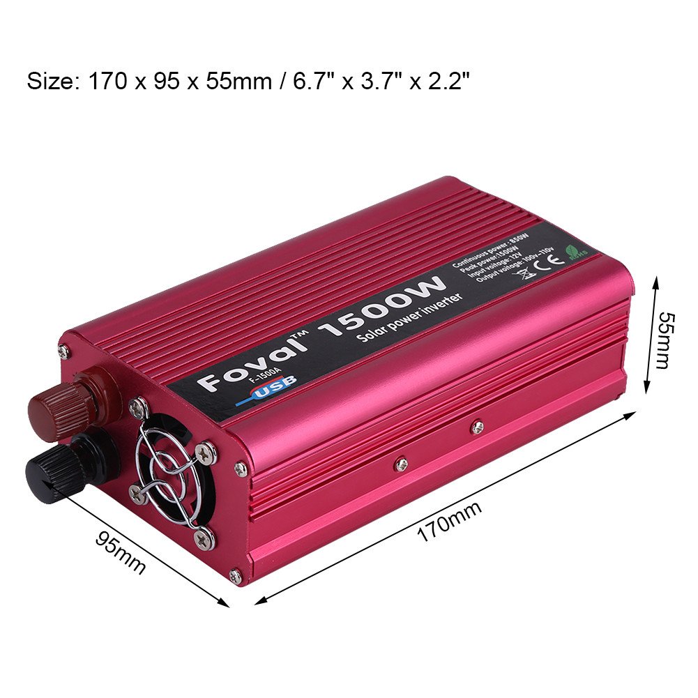 Yosoo 1500W Power Inverter DC 12V to AC 110V with Cigarette Lighter Plug & Battery Clips - Portable Car Power Converter for Laptops, CPAP Machines, Small Appliances (Red)