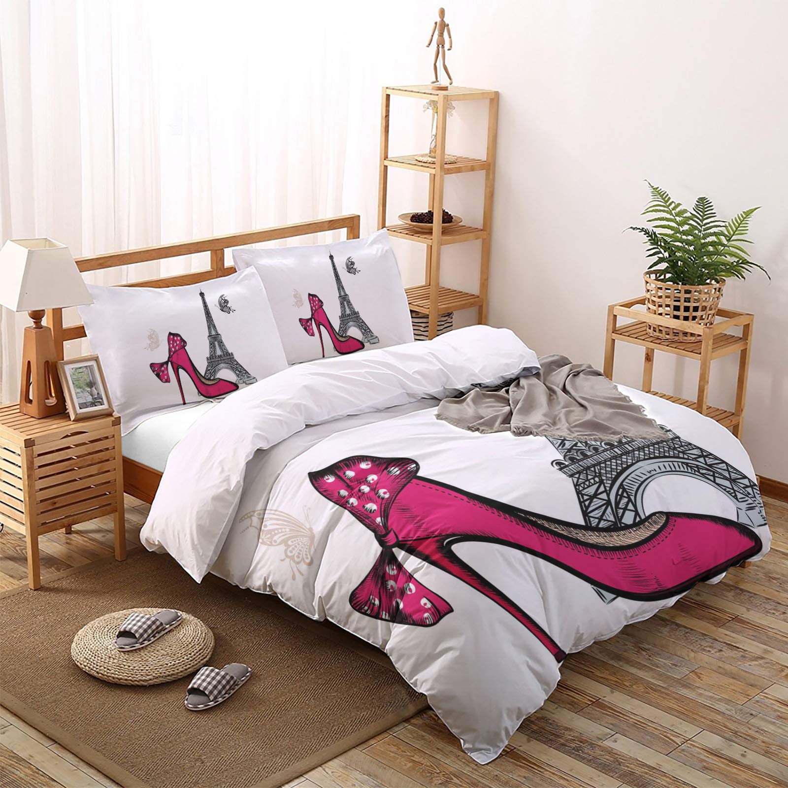 MUSEDAY 4-Piece King Size Duvet Cover Set - Valentine's Day Themed Red High Heels & Eiffel Tower Design - Ultra Soft Comforter Cover with Pillow Shams & Fitted Sheet - Perfect for Romantic Bedrooms, Anniversary Gifts & Paris-Themed Decor