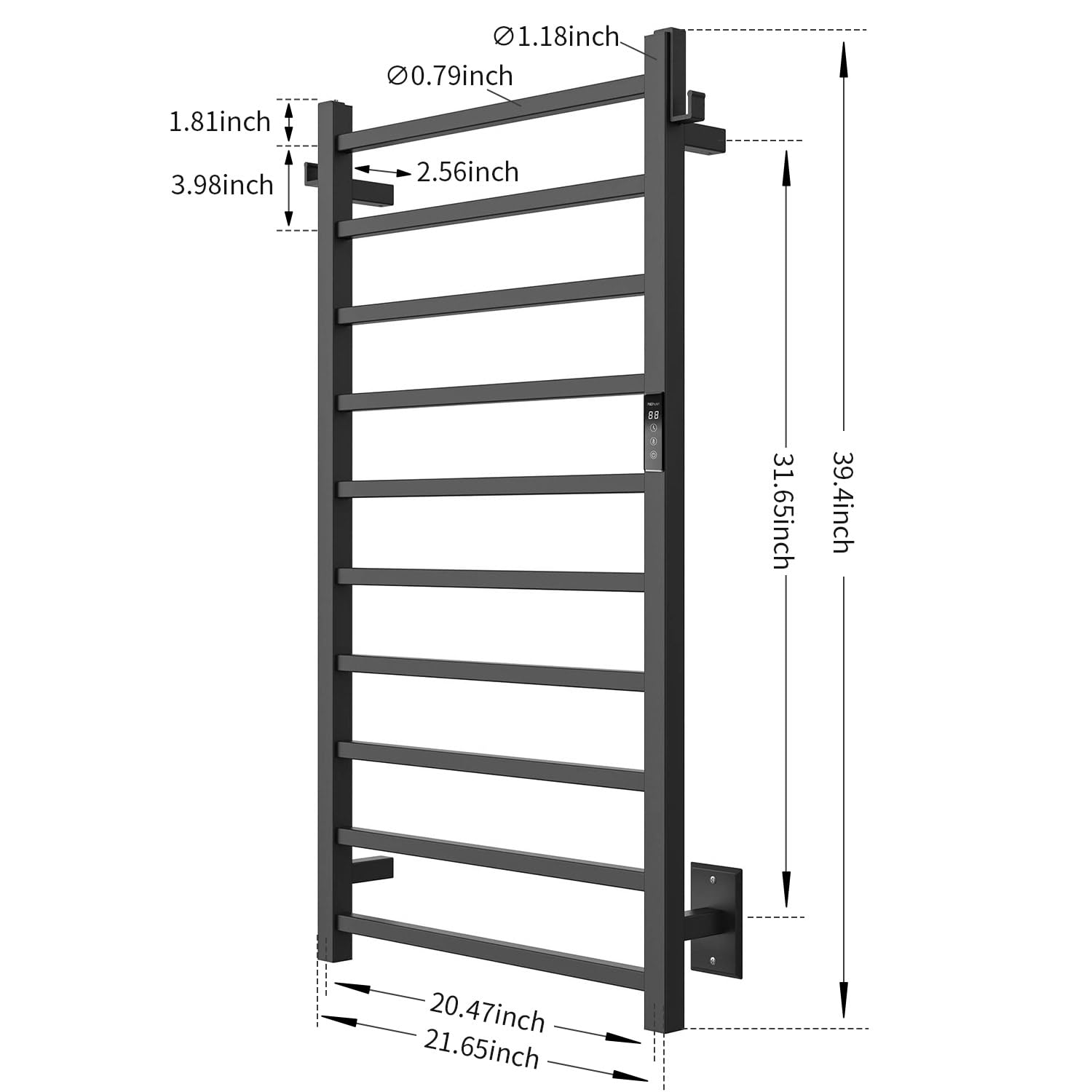 P&Bhusri 10-Bar Heated Towel Rack - Wall Mounted Electric Towel Warmer for Bathroom with Timer, Stainless Steel Matte Black (Plug-in/Hard-Wired) - Perfect for Spa, Luxury Hotels & Cozy Home Bathrooms