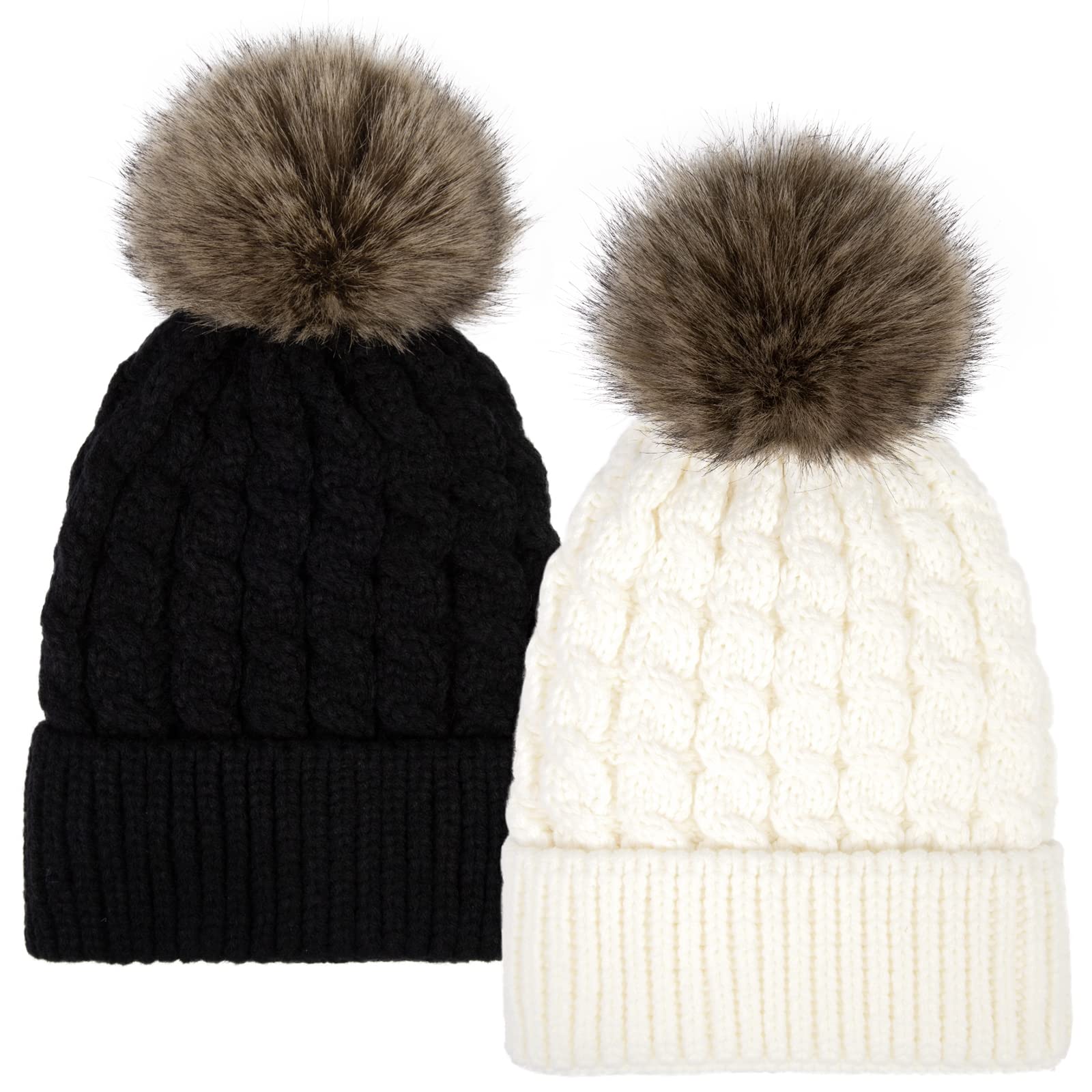 Women's Winter Beanie Hats - Hand Knit Faux Fur Pom Pom Hats for Women - Soft Warm Knitted Caps for Cold Weather, Outdoor Activities & Fashion Accessories