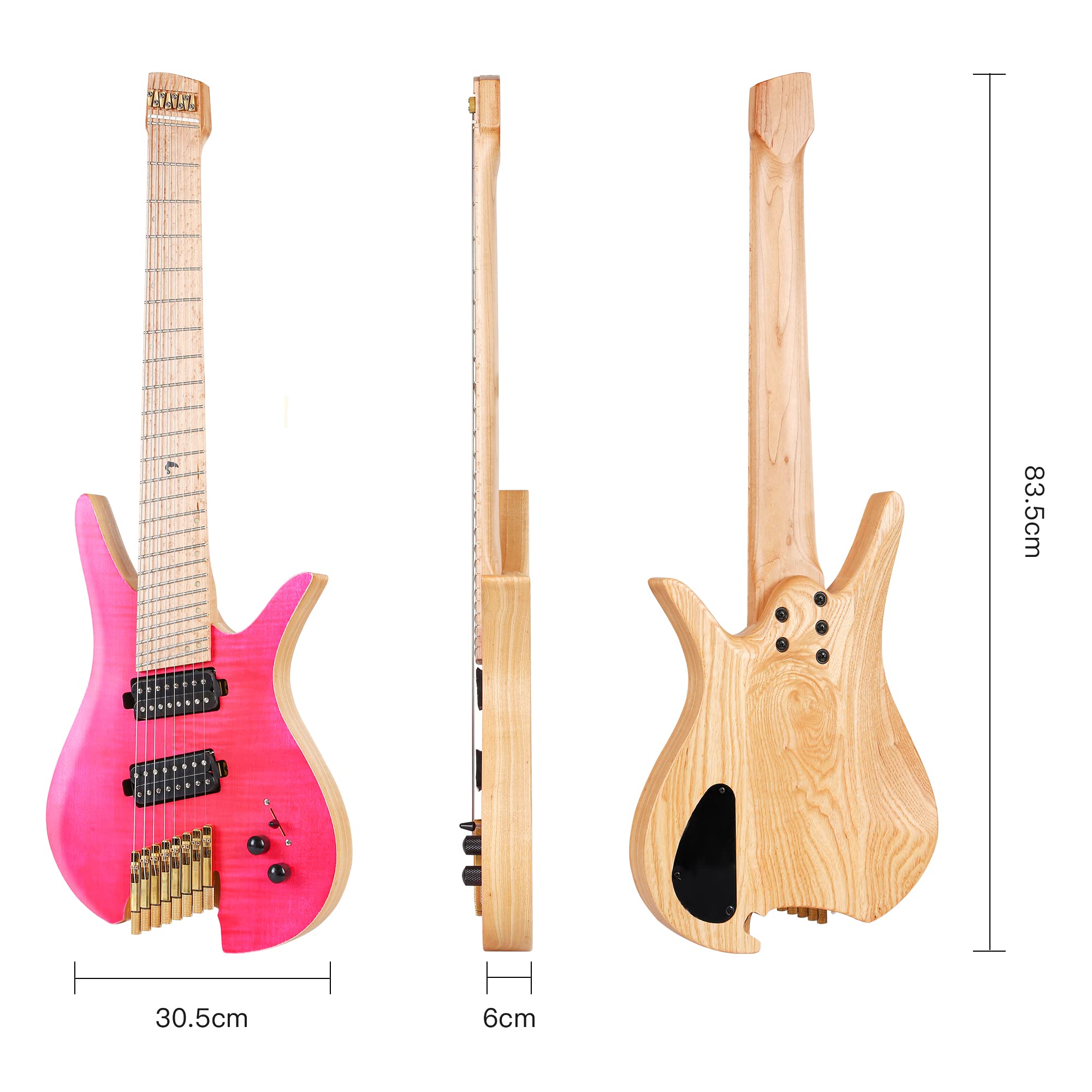 8 String Fanned Fret Headless Electric Travel Guitar - Pink | Compact & Lightweight for Musicians on the Go | Perfect for Practice, Recording & Live Performances