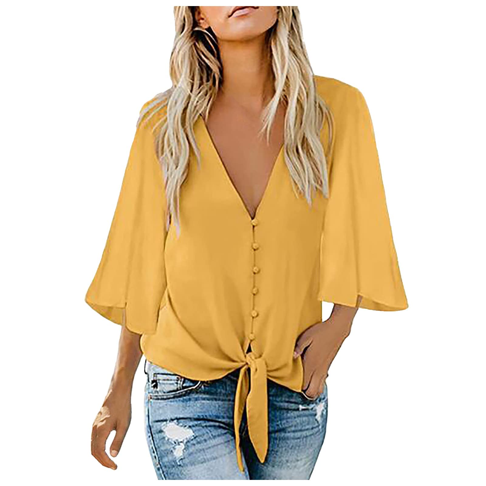 Eaktool Women's Summer Blouses - 3/4 Bell Sleeve Solid Color Button Down Shirt | Fashion Tops for Casual Wear, Office & Date Night Outfits