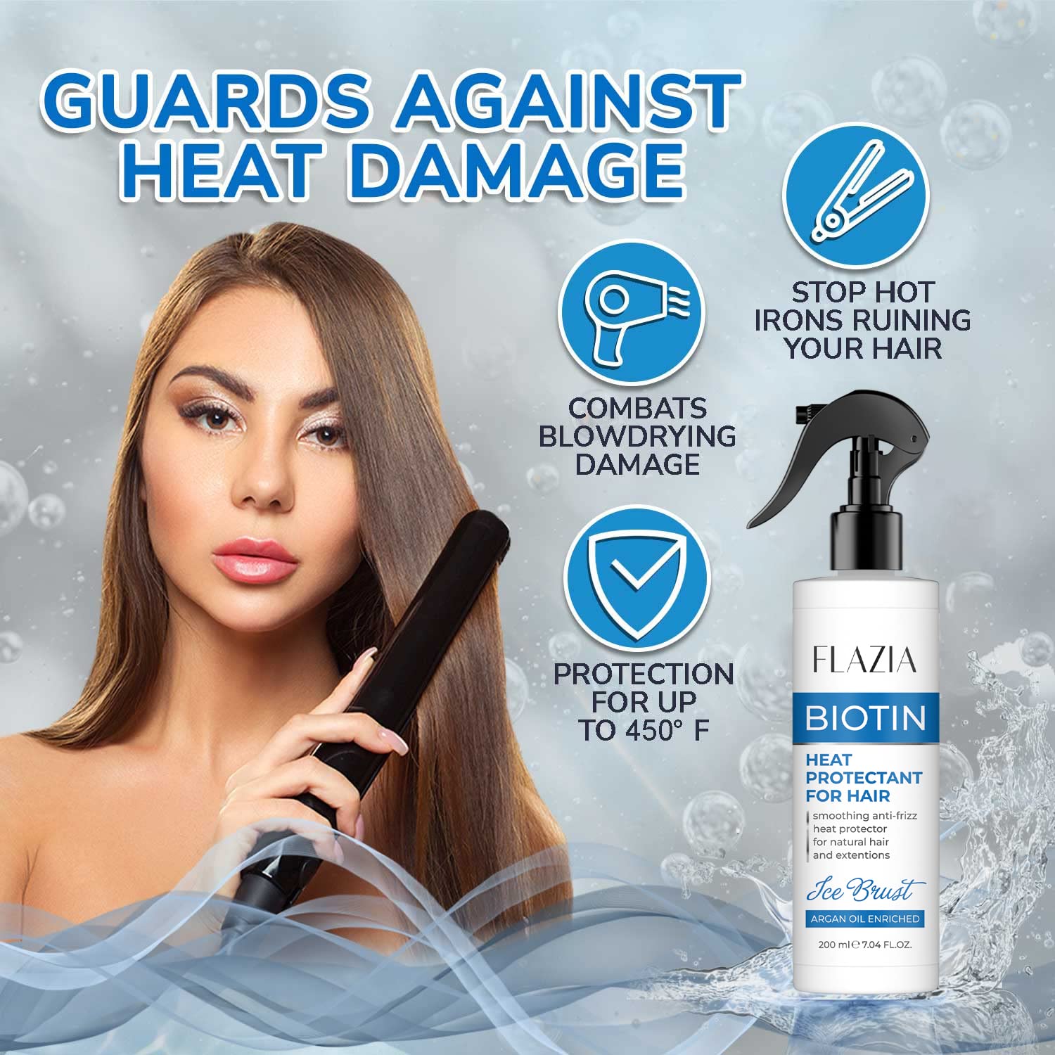 Flazia Ice Blast Heat Protection Spray for Hair Straightening - Sulfate & Paraben Free (200ml) - Thermal Shield for Men & Women - Perfect for Styling, Blow Drying & Flat Ironing