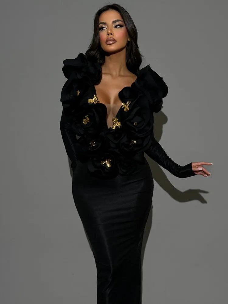 Elegant Black Deep V-Neck Floral Bandage Bodycon Maxi Dress for Women - Sexy Club Party & Evening Gown for 2025 | Perfect for Night Out, Date Night & Special Occasions