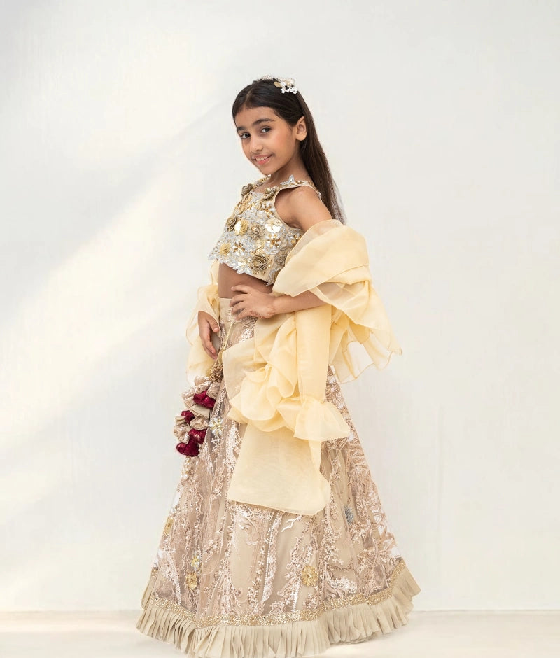 Pre Order: Golden Embroidery Lehenga with 3D Flowers Choli - Indian Bridal Wear for Weddings, Festivals & Special Occasions