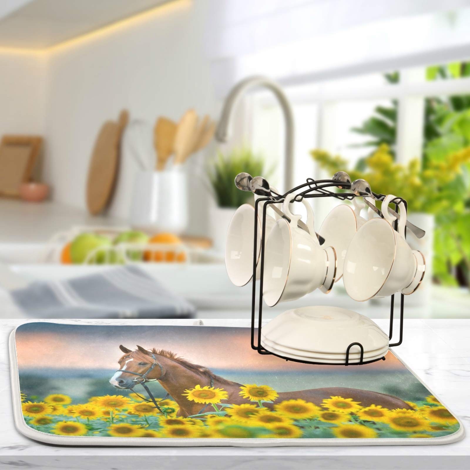 ALAZA Horse Sunflowers Dish Drying Mat - Super Absorbent Microfiber Kitchen Countertop Pad (16x18 Inch) for Dishes, Utensils & Cookware - Perfect for Drying, Decorating & Protecting Countertops