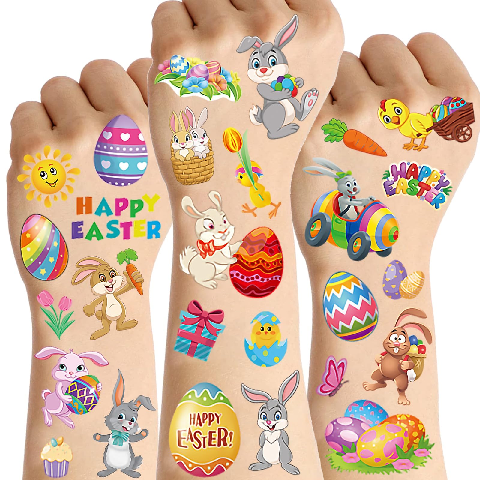 10 Sheets Happy Easter Temporary Tattoos for Kids - Bunny & Egg Designs - Easter Party Favors, Goodie Bag Fillers, Basket Stuffers - Perfect for Easter Celebrations, Egg Hunts & Classroom Activities