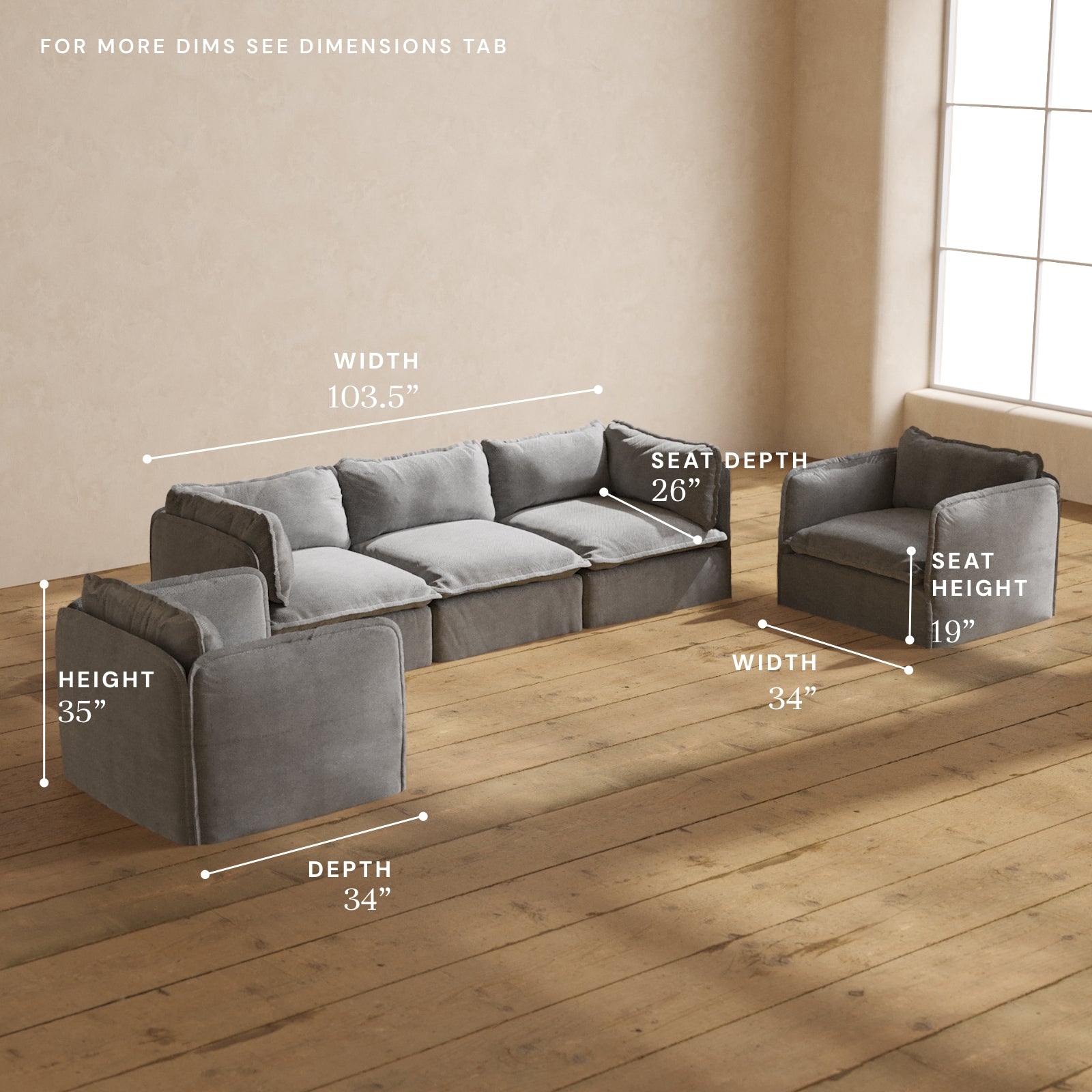 Premium Modular 3-Seater Sofa & Armchair Set in Ash - Modern Luxury Fabric Blend | Perfect for Living Room, Lounge & Home Theater Comfort
