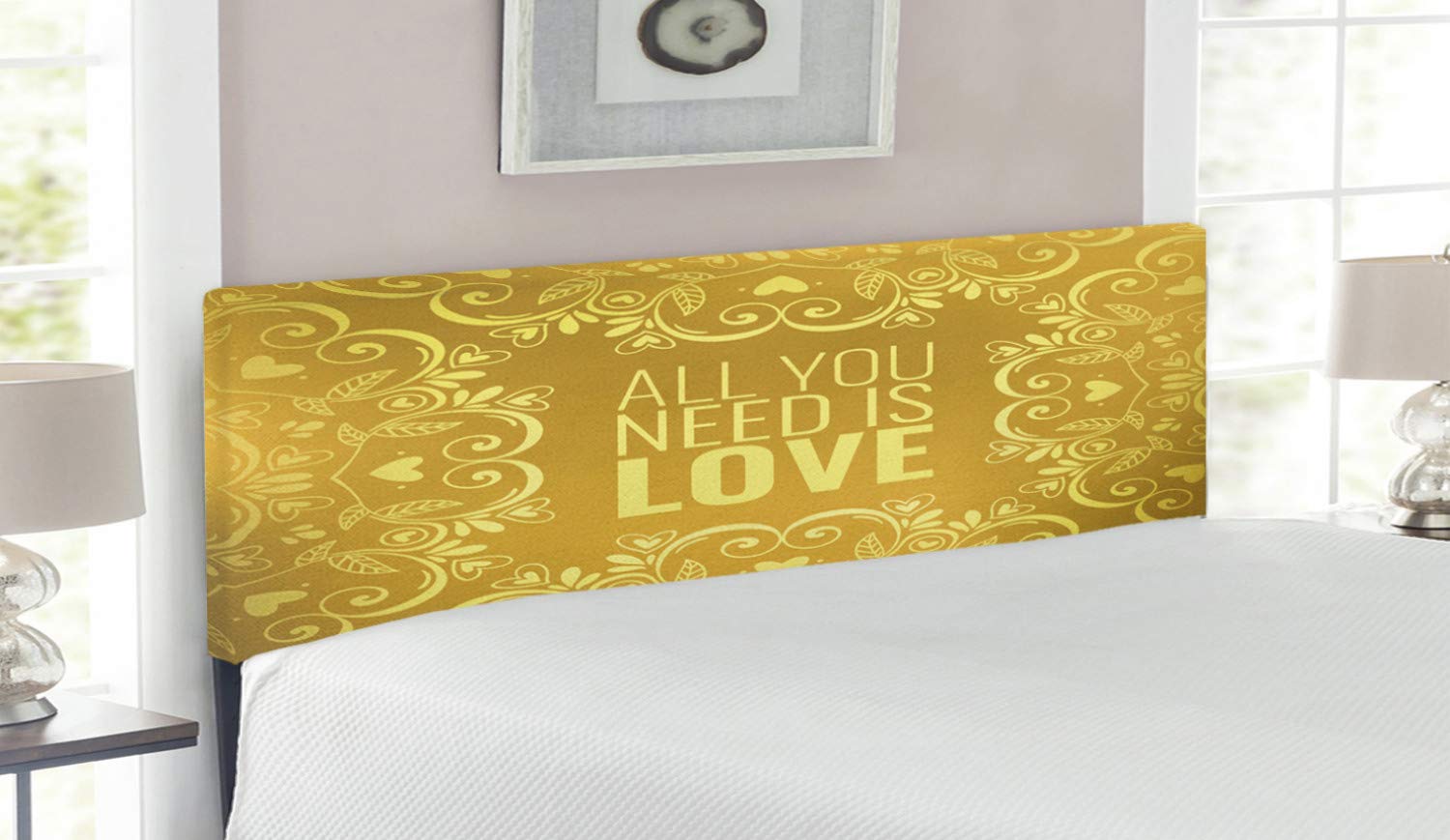 Ambesonne Mandala Headboard - Romantic Floral Round Hearts Love Design, Upholstered Metal Bed Headboard with Memory Foam, Queen Size, Yellow | Perfect for Valentine's Day Decor, Master Bedroom & Boho Chic Home Decor