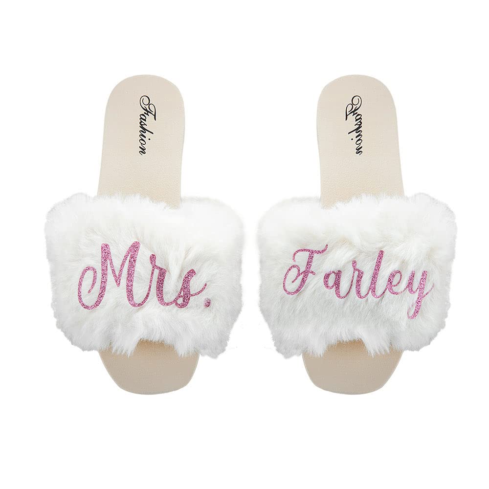 Custom Personalized Bride Slippers - Monogrammed Wedding Shower Gift for Bride & Bridesmaids - Open Toe Fuzzy House Slippers for Women - Perfect for Wedding Day, Bridal Party & Cozy Home Wear