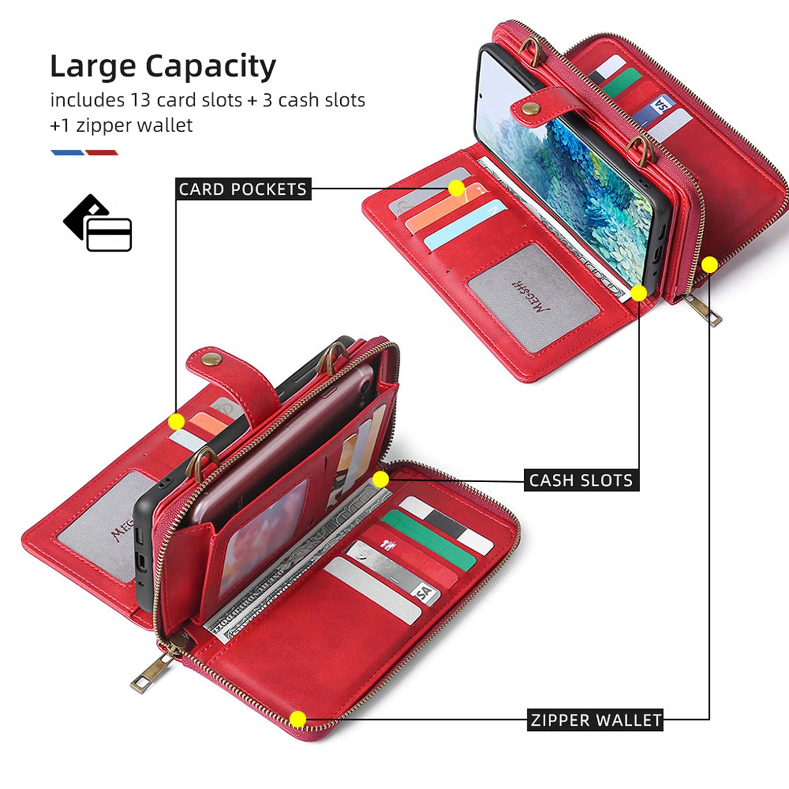 Premium iPhone 12 Wallet Case with Crossbody Chain Strap - 13 Card Slots, 3 Cash Pockets & Secure Zipper Wallet - Multi-Functional Phone Case for Women & Men | Perfect for Travel, Shopping & Everyday Use