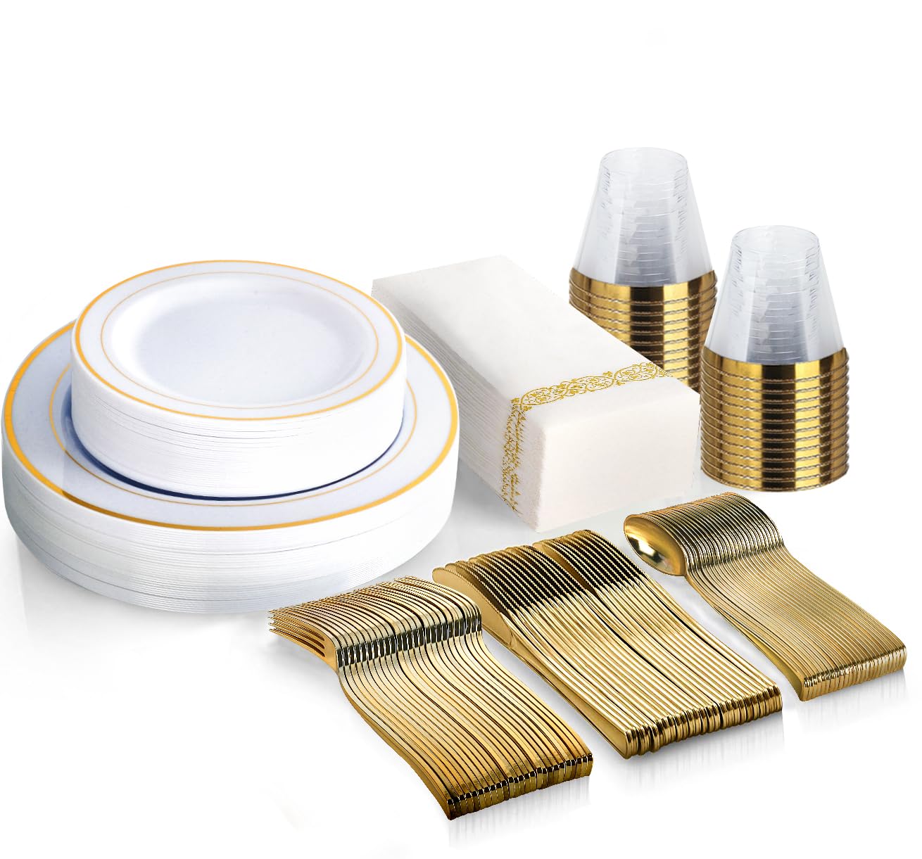 175-Piece Gold Disposable Dinnerware Set - 50 Gold Rim Plastic Plates, 25 Gold Plastic Silverware, 25 Gold Plastic Cups & 25 Gold Paper Napkins - Elegant Party Tableware for Weddings, Birthdays & Special Events
