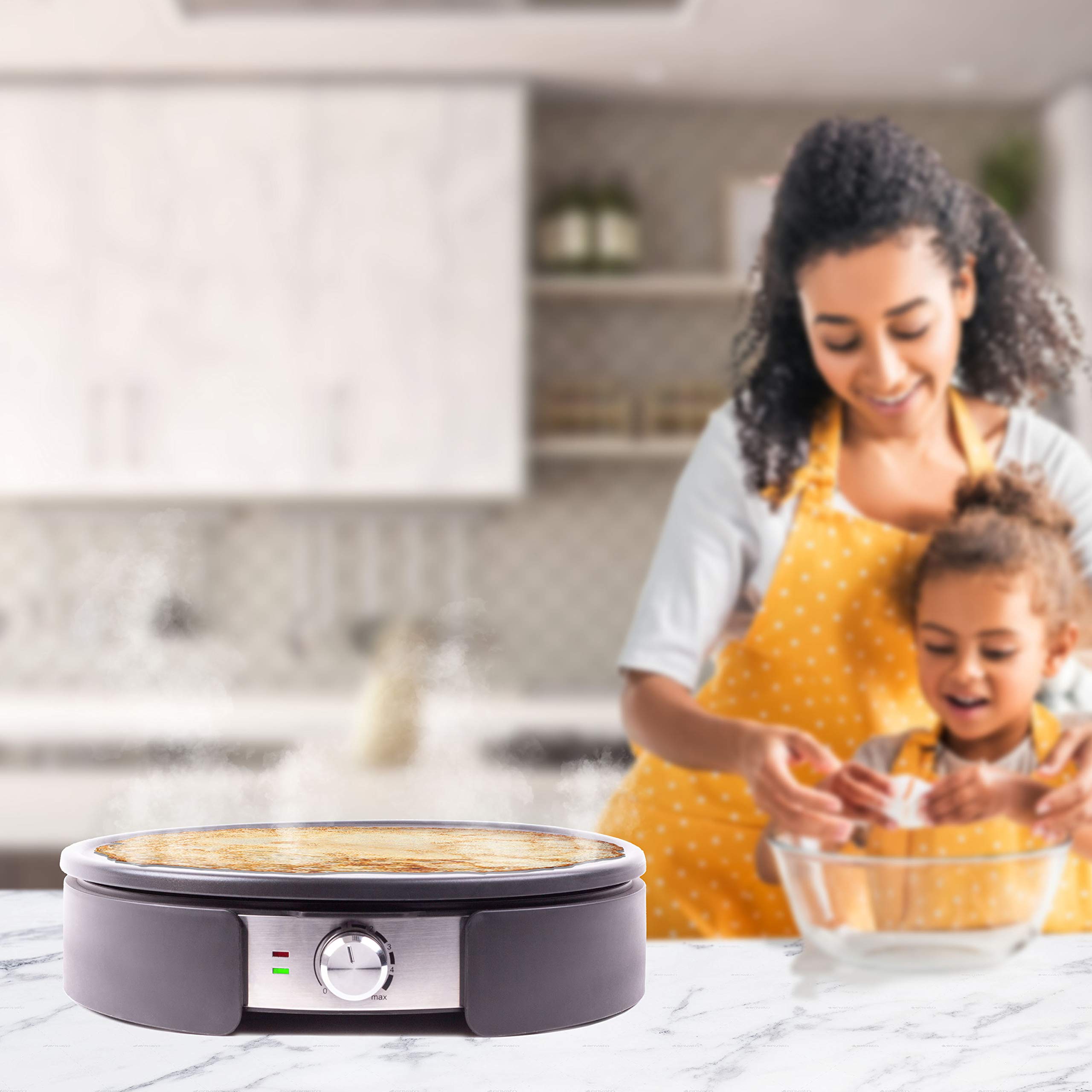 Duronic PM152 - 1500W Electric Pancake Maker, 37cm Non-Stick & Removable Plate, Adjustable Temperature, Includes Accessories - Perfect for Sweet & Savory Pancakes, Crepes, Omelets & More - Ideal for Breakfast, Brunch & Family Gatherings